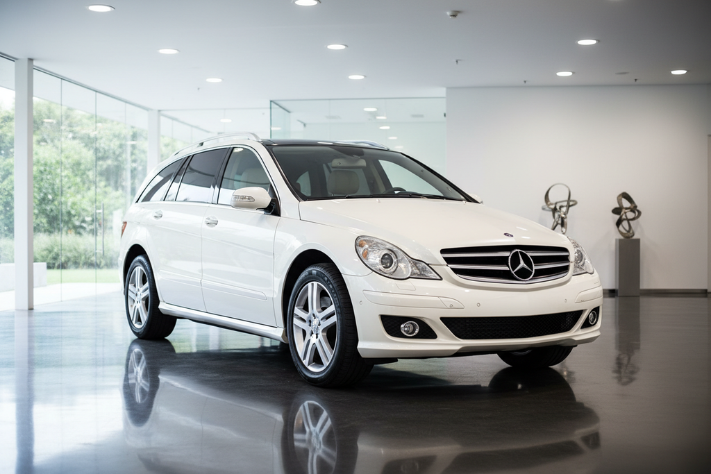 R Class 2008 White Mercedes Benz in a show room