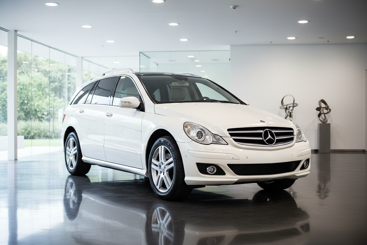 R Class 2008 White Mercedes Benz in a show room
